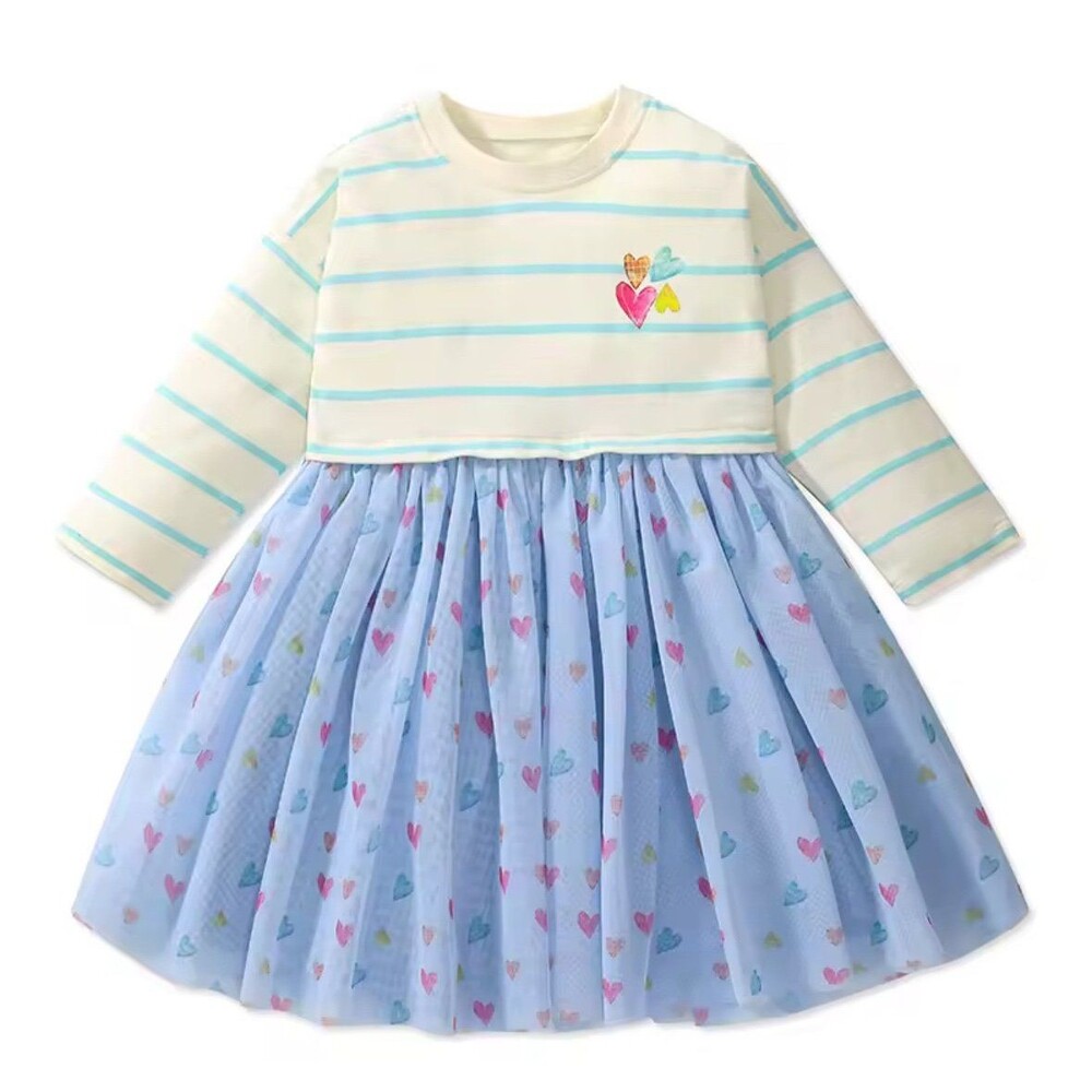 Girls Striped Long Sleeve Tulle Dress with Hearts